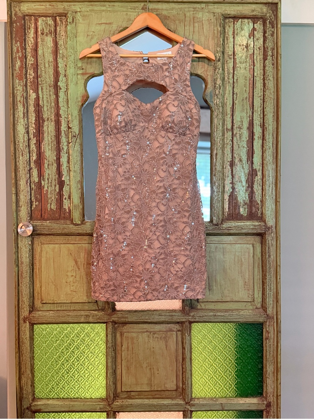 Emerald Sundae Nude Lace Sequin Cutout Mini Dress
